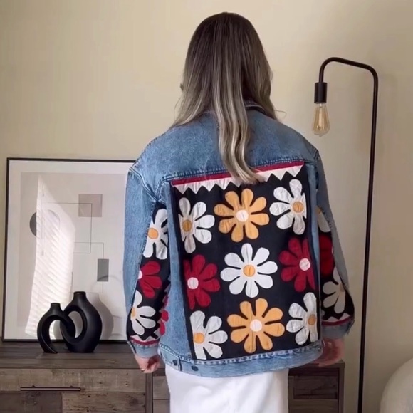 Free People - We The Free Light Blue Denim Jacket with Floral Patchwork - Picture 2 of 5